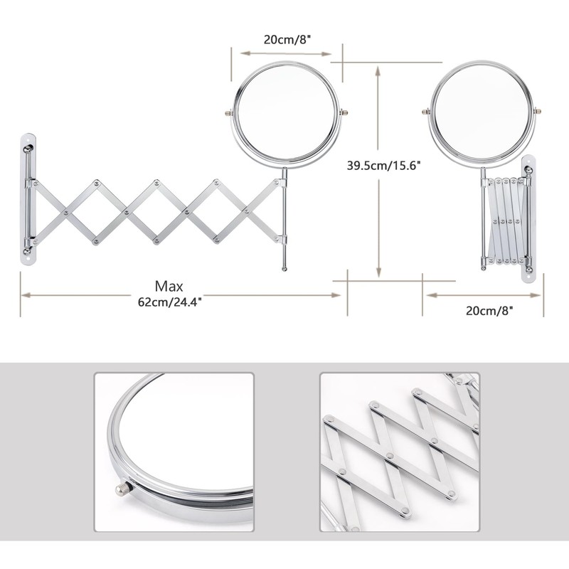 Welllink 8Inch XL Wall Mounted Bathroom Mirror, 1X/7X Magnification, High-Definition