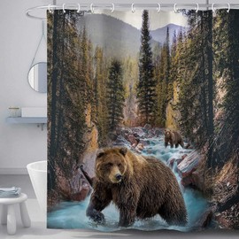 Hajmsug Forest Bear Shower Curtain, Misty Mountains Wildlife Farm Rustic National Park Jungle Rainforest Stream River Rock Natural Landscape Fabric Bathroom Decor Curtain with Hook, 69x70