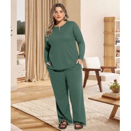 RITERA Plus Size Women 2 Piece Outfits Lounge Sets Knit Waffle Sweater Set Pajama Sets Button Pullover Top Green Wide Leg Pants Matching Sweatsuit with Pockets Casual Fall Winter 4XL 24W 26W