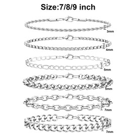 6PCS Stainless Steel Bracelets for Men Women, Silver Cuban Link Rope Box Wheat Chain Paperclip Figaro Jewelry Set, 7 Inches