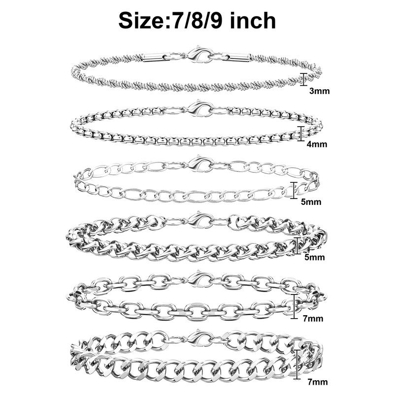 6PCS Stainless Steel Bracelets for Men Women, Silver Cuban Link