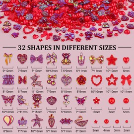 150 PCS 3D Nail Charms Butterfly Bow Star Heart Bear Shiny Jewels with 3D Flowers and Flat Pearls, Over 400 PCS Cute Charms in Total with Pickup Tools for Nail Art Decoration(Red)