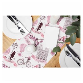 HOSNYE Table Runner Pink Romantic Travel in Paris,Cotton Linen Table Runner Decoration for Kitchen Family Dinner Table Holiday Party Farmhouse Style 13 x 72 Inch