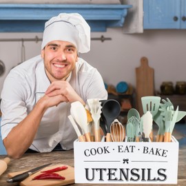 LIBODOUR Utensil Holder,Extra Large Wooden Utensil Holder For Kitchen Counter,Cooking Spatula Organizer,Big Storage Caddy With 4 Compartments Flatware Spoon Tool Cutlery（White）