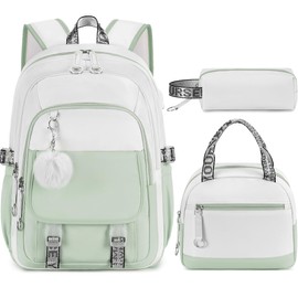 Backpack for Girls, Girls Backpack with Lunch Box and Pencil Case for Teen Kids Elementary Middle High School College Student, Children School Backpack Bookbag with USB Charging Port Green Beige