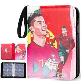 Football Trading Card Album 4 Compartments, Football Cards Scrapbook with Zip and 50 Removable Pages for 400 Cards, Large Cards Book, Sports Card Folder, 3 Rings Card Folder (CR7)