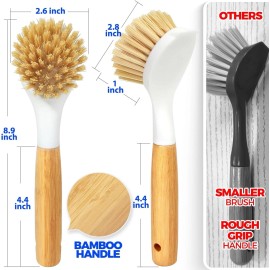 Holikme 3 Pack Dish Brush Set with Bamboo Handle, Kitchen Cleaner for Cleaning Pot, Sink