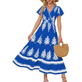 Simlakey Women Summer Casual Dress Boho Maxi Dress Flowy V Neck Aline Floral Bell Sleeve with Pocket Beach Vacation(Royal Blue,XX-Large)