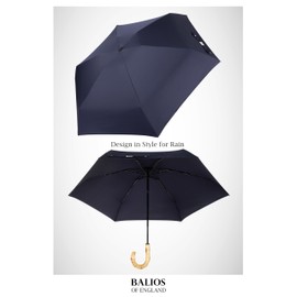 Balios Compact Umbrella Manual Mini Windproof, Full Size Canopy, Real Wood Crook Handle, Lightweight, Strong Frame, Long Shaft Foldable Travel Umbrella (Dark Navy Crook Handle)