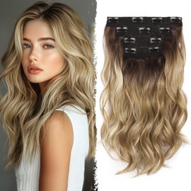Ombre Hair Extensions Clip In - 14 Inch Synthetic Wavy Curly Clip In Hair Extension For Women And Girls (Color: Dark Blonde with Bleach Blonde Highlights)
