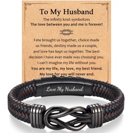 Gifts for Husband Gifts from Wife, To My Husband Brown Infinity Leather Bracelet for Men as Christmas Valentines Fathers Birthday Easter Anniversary Thanksgiving Gifts for Him Men