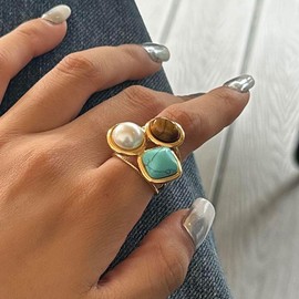 OIDIMS Geometric Turquoise Tiger Eye Pearl Statement Adjustable Open Ring for Women Bohemian Style Fashion Gold Plated Stacking Finger Rings Stainless Steel Fashion Wedding Cocktail Party Y2K Jewelry