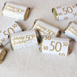 White and Gold 50th Birthday Mini Candy Bar Wrappers - 45 Stickers