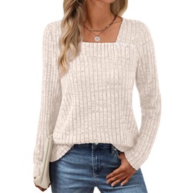 AUTOMET Womens Long Sleeve Shirts Fall Tops Fashion Outfits 2025 Asymmetric Square Neck Sweaters Dressy Casual Tunic Clothes Apricot L