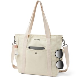 Bluome - Bolsa de lona para mujer, tamaño mediano, para viajes, gimnasio, playa, con bolsillos con cierre, bolsa de hombro Hobo, Blanco, L