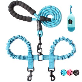 BAAPET Double Dog Leash, 4 FT Rope Dog Leash with Tangle Free Shock Absorbing Bungee and Poop Bags for Dual Small Medium Large Dogs (Small, Blue)