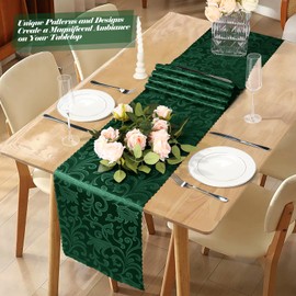 MILVOWOC 4 Pack Emerald Green Satin Table Runner, 12 x 72 Inch Jacquard Damask Table Runner Rectangle Bright Silky Decorative Table Runner for Party Banquet Birthday Dinner Wedding Table Decor