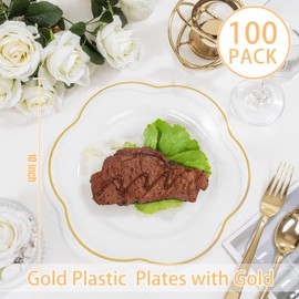 Liacere 100PCS Clear Plastic Plates - Clear and Gold Disposable Dinner Plates - 10inch Heavy Duty Gold Dinner Plates, Perfect for Wedding & Party & Holiday