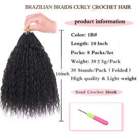 Xtrend Pre Looped Brazilian Afro Kinky Crochet Hair Black Braiding Hair 10Inch 8 Packs Micro Curly Braiding Hair Extensions Deep Wave Synthetic Mini Passion Twist Hair For Boho (30Strands/Pack，1B#)