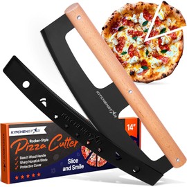KitchenStar 14-Inch Pizza Cutter Rocker Blade - Razor Sharp Stainless Steel Slicer Knife, Stylish Beech Wood Handle, Protective Cover - Professional Pizza Oven Accessories, Black