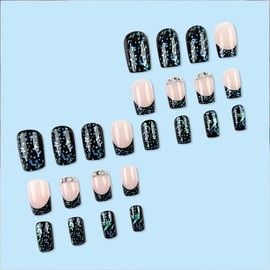 Black Green Press on Nails French Tip Fake Nails Medium Square Glue on Nail Glitter Rhinestones Acrylic Nails Gloss False Nails with Designs Cute Nude Artificial Stick on Nail for Women Girls 24Pcs