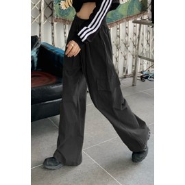 HVEPUO Womens High Waist Cargo Pants Y2K Wide Leg Cotton Baggy Hiking Pants Lightweight Elastic Waist Trousers with Pockets Black L