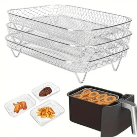 AIMALL 3-Piece Air Fryer Grill Rack – Food Grade 304 Stainless Steel, Multi-Layer Stackable Mesh Tray for Round, Square, and Rectangular Air Fryers