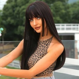 Peluca Negro Larga Recto Flequillo Natural Para Mujer Dama