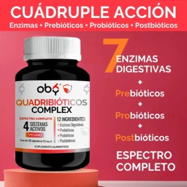 Enzimas Digestivas + Probioticos + Prebioticos + Postbioticos | Quadribioticos Complex 4 En 1 Vegano Suplemento Alimenticio Premium | Oby Vitaminas Mu