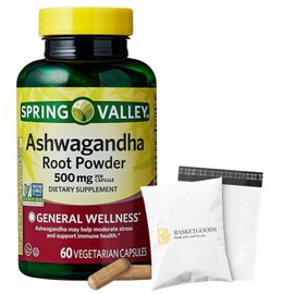 BASKETGOODS Spring Valley Ashwagandha- 500mg Root Powder, 60 Capsules (Pack of 1), Set by Basket Goods
