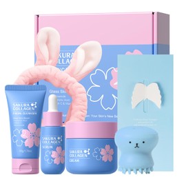 Kit Cuidado Facial Sakura: Limpiador, Tónico, Sérum, Crema de Ojos, Crema Facial y Cepillo, Caja de Regalo para Mujer, Hidratación Profunda, Humecta, 