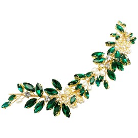 PrettyLife Bridal Crystal Headpiece Wedding Rhinestone Pearl Gold Vine Hair Pieces Accessories for Women Flower Girls (Green)