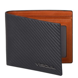 VISOUL Men's Bi-fold Wallet, Genuine Leather, Card Coin Purse, Photo Pocket, License Holder, Cowhide Leather, carbon leather black.brown
