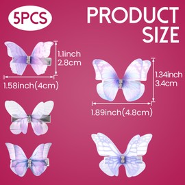 SmallCat 5pcs Butterfly Hair Barrettes for Women, 2 Sizes Gradient Purple Organza Bling Rhinestone Hair Clips, Cute Hairstylist Bow Pin Accessories for Daily, Wedding, Rave Party
