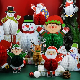 Fassory 6 Pcs Medium Honeycomb Paper Christmas Decorations, Santa Elf Reindeer Snowman Penguin Christmas Ornaments Hanging Decorations Reusable (Medium Cute - 6 Pcs)