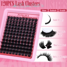 zanlufly Volume Lash Clusters Spiky Eyelash Clusters 120 Pcs Thick Cluster Eyelash Extensions with Thin Band 10-16mm Handmade Reusable Individual Eyelashes D Curly Lash extension DIY at Home