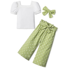 CRISONE Teen Girl Clothes 12-14 13 Years Old Teenage Girl Clothes Square Neck Short Puff Sleeve Shirts+Stylish Pants Tween Outfits 12-14 Girls Trendy