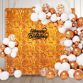 Shimmer Wall Backdrop, 24PCS Square Orange Sequin Backdrops Panel, Glitter Wall Background for Birthdays, Weddings, Graduation, Engagements, Disco Bachelorette Party Decoration (4FTx6FT)