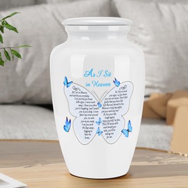 Abooxiu 10 Inches Cremation Urns for Human Ashes Ceramic Keepsake Urn Butterflies Urns for Human Ashes Decorative Urn for Adult Memorial Funeral Ashes Keepsake - As I Sit in Heaven - Up to 200 lbs