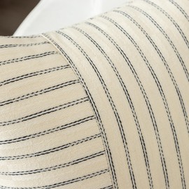 Kevin Textile Beige and Black Patchwork Farmhouse Pillow Covers 20x20 Inch, Pack of 2 Striped Linen Decorative Modern Accent Pillow Cases for Sofa Couch Bedroom