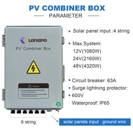lopopvsys 6 String PV Combiner Box with Lightning Arreste, 15A Rated Current Fuse and 2P 63A Circuit Breakers for On/Off Grid Solar Panel System (6 String PV Combiner Box)