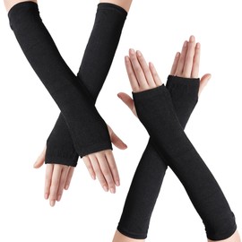 Lufdegim 2 Pairs Winter Long Fingerless Arm Warmers Warm Knit Thumb Hole Winter Gloves Knitted Length Gloves Hand Warmers Arm Warmers Women, black