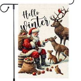 Christmas Garden Flag 12x18 Inch Double Sided,hello Winter Santa Claus Reindeer Rabbit Bird Flags For Outside Garden Flag For Front Yard Porch
