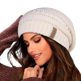 FURTALK Knit Beanie Hat for Ladies Fleece Line Ski Skull Cap Slouchy Winter Hats for Women Beige