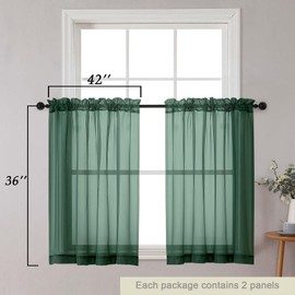WelvetBLK Cafe Curtains 36 Inch Length Tier 2 Pieces, Modern Soft Airy Sheer Kitchen Short Curtains for Small Window, Rod Pocket Small Curtain for Bathroom Basement, Hunter Green, Each, 42"Wx36"L Inch