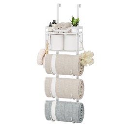 Over The Door Towel Racks for Bathroom, 5 Tier Towel Rack Wall Mounted with Wire Basket Floating Shelf, Rolled Towel Storage Holder Organizer for Small Bathroom/Camper/Rv, White