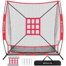BAGAIL 7x7 ft Baseball & Softball Practice Net with Bow Frame for Batting, Hitting, Pitching, Portable Baseball Throwing Net with Strike Zone, Carry Bag, Baseball Training Aid for All Levels