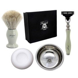 White Hair Badger Hair Set in Ivory Color. The Set Includes Shaving Brush,3 Different Razors Type to Choose(Blades NOT Included), Stainless Steal Bowl (Triple Edge Razor)
