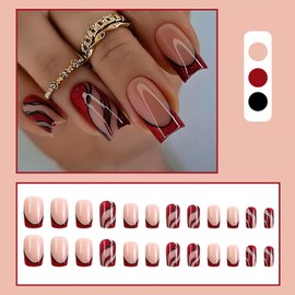 Mkwntg Red French Tip Press on Nails Medium Square Fake Nails Glossy Red Full Cover Acrylic Nails with Black Wave Line Design Red Wavy Stripes False Nails Reusable Stick on Nails for Women 24Pcs