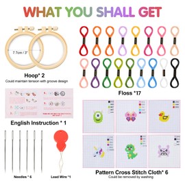 Ysimple Embroidery Set, Children's Cross Stitch Set, Cross Stitch Kits for Children, Adults, Beginners, Includes 6 Project Cross Stitch Patterns and 2 Embroidery Hoop Ring for DIY Arts, Crafts, Sewing